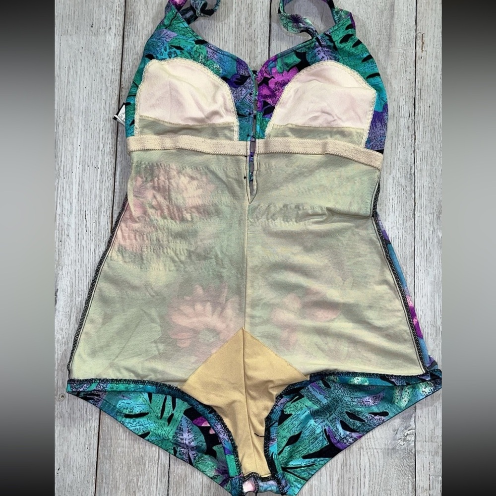 Vintage La Playa One Piece Button Down Swimsuit Size 16 Floral Tropical Boyshort - Picture 15 of 16